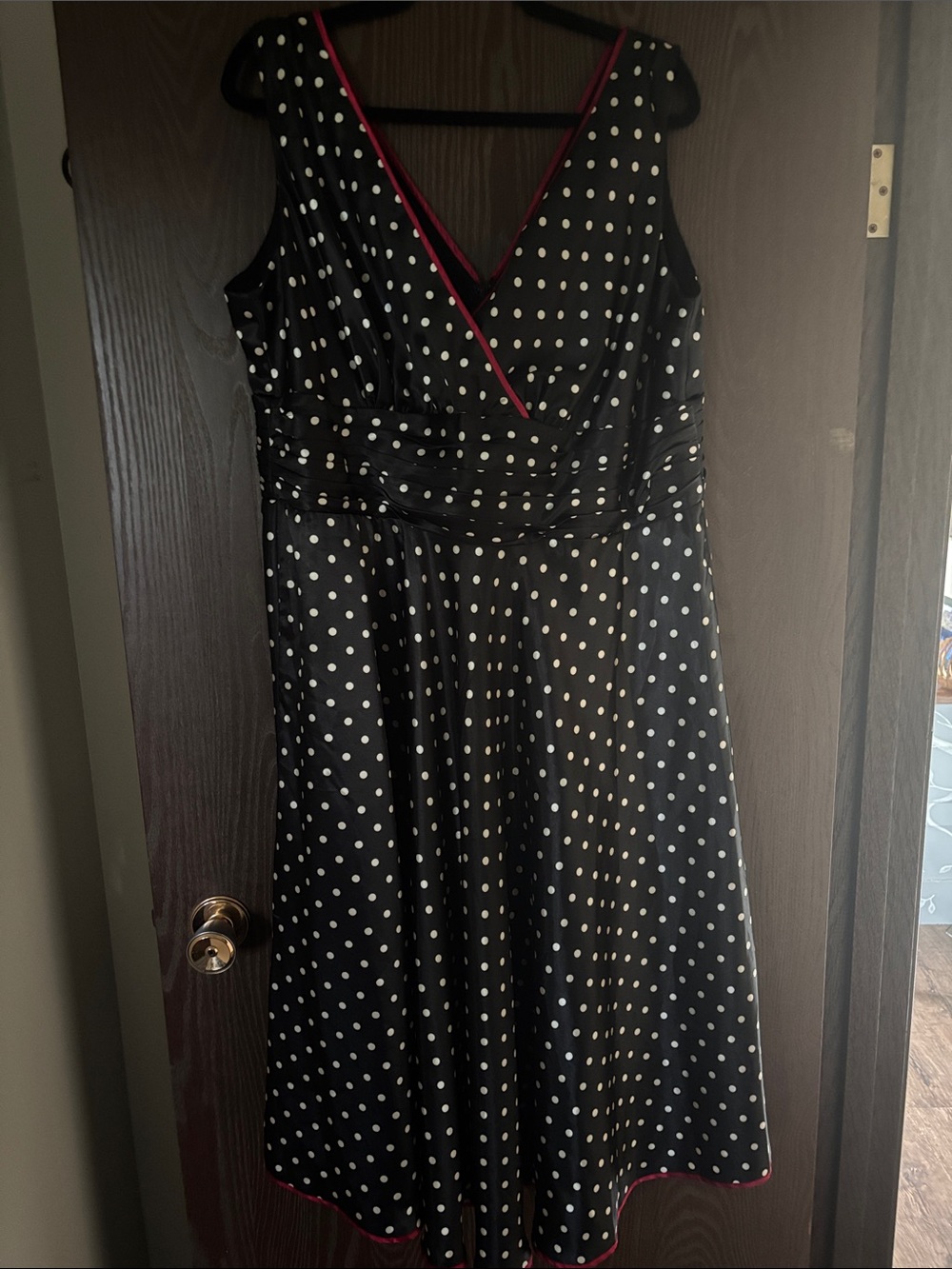 Signature by Robbie Bee Black Polka Dot Midi Dress with Pink Trim
